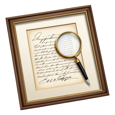 Icon for Autograph Collecting: a signed piece of paper or book page with a famous signature, surrounded by a pen, a magnifying glass, and a collection of framed autographs. Transparent background. sticker