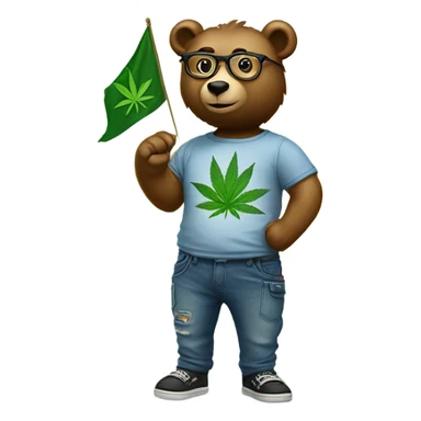 Bear dressed in jeans and tee shirt. Wearing glasses. Holding a flag in his right hand with a cannabis leaf on it. sticker