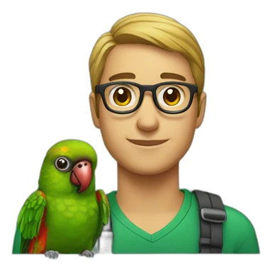man with glasses and a green cheeked conure on his shoulder sticker