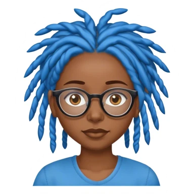 brown skin girl with blue locs, eye glasses and a black shirt sticker