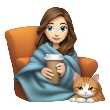 White girl with brown hair and blue eyes drinking coffee. With a white and orange cat and a blanket around them  sticker