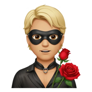blonde man with leather eye mask and leather halter neck blouse, holding rose with his mouth sticker