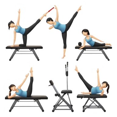 Generate emojis depicting various Pilates exercises and equipment, featuring an Asian female. Include emojis for mat Pilates poses like the Hundred, Roll - up, and Single - Leg Stretch. Also, create emojis for Pilates equipment such as the Reformer, Cadillac, and Wunda Chair. The Asian female should be shown performing the exercises with proper form and expression. sticker