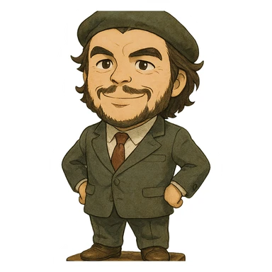 statuette of Che Guevara in a suit and tie, big head, confident smile, ghibli style sticker