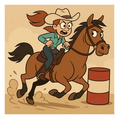 a girl barrel racing on a horse, western cartoon style sticker