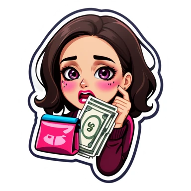 Crying women holding makeup bag and money  sticker