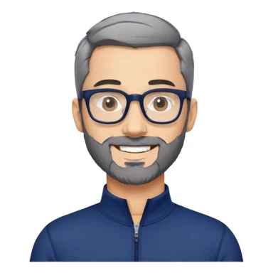 Light-skinned man with short black hair styled upward, short gray beard, large black-framed glasses, smiling face, wearing a navy blue zip-neck long sleeve athletic shirt sticker