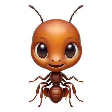 Cinematic Cute Ant Portrait Emoji, Head tilted playfully and inquisitively, featuring a minuscule, charming body with a delicately textured exoskeleton and round, sparkling eyes brimming with curious mischief, Simplified yet irresistibly adorable features, highly detailed, glowing with a warm, inviting earthy glow, high shine, affectionate and lively, stylized with a touch of whimsical industrious charm, soft glowing outline, capturing the essence of a mischievous ant that seems as if it could scurry out of the screen into your arms! sticker