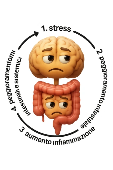 EMOJI STILE IPHONE 3D DI un cerchio con queste scritte che girano intorno in ordine per come li ho scritti "1. stress → 2. peggioramento intestinale → 3. aumento infiammazione → 4. peggioramento sintomi intestinali e sistemici." al centro del cerchio metti un cervello e intestino umani collegati verticalmente con espressione dubbiosa in volto, FALLO MOLTO REALISTICO IN 3D sticker