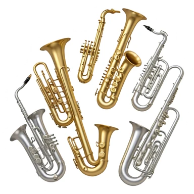 Create a professional, harmonious emoji collage symbolizing wind instruments.  The instruments should be in metallic gold, silver, and brass tones, with subtle reflections to convey a professional and polished appearance. Add soft musical notes or soundwaves to surround the instruments, creating a sense of movement and sound. The background should be transparent, ensuring all instruments are the focus and the composition remains harmonious and balanced. sticker