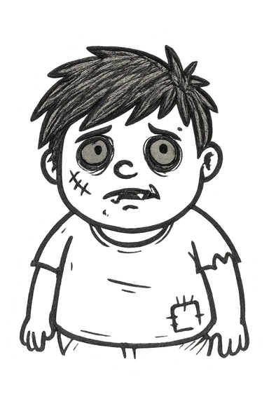 a little chubby teenage boy with brown emo hair, gray-green eyes, zombie sticker
