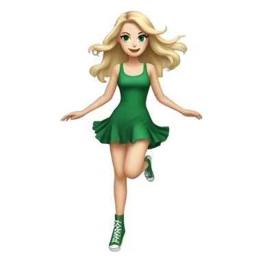 Realistic White girl with Long straight blonde hair, green eyes, tattoos, full body wearing green dress, dancing sticker
