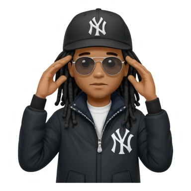 African American man with shoulder length black dreadlocks wearing black sunglasses with black bubble winter coat wearing a New York Yankees baseball hat with his hands on top of head in thinking position sticker