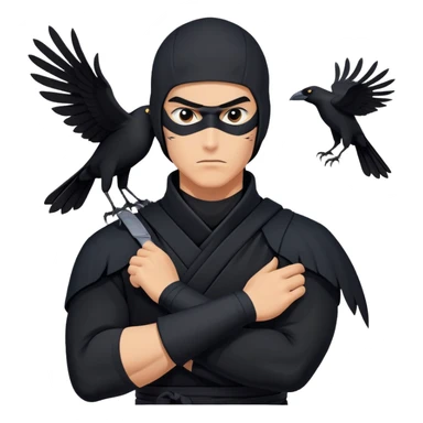 clash-of-clans-aesthetic_-cinematic-mysterious-male-ninja-portrait-emoji, rendered in a flat, vector-style with minimal shading and bold, simplified shapes, his arm is stretched out  with a head slightly turned revealing intense, focused eyes. the ninja has his arm out and perched on top of his forearm is  a  giant black crow sticker