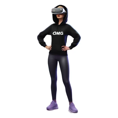 Russian girl wearing black hoody with violet letters "OMG", in vr headset oculus quest2. Standing like jedi. Cyberpunk style. Violet neon. sticker