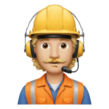 construction worker with blond long curly hair and protective headphones and mustache sticker