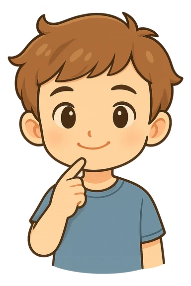 Add a finger pointing to the boy's chin, keep the chibi cartoon style, with no background. sticker