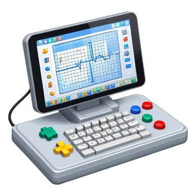 Emoji for Game Design: computer screen with Professional game development interface, 3D models, pixel art and design tools like grid, wireframe, gamepad, joystick, stylus. Symbolizes the technical and creative process of game development. Transparent background. sticker