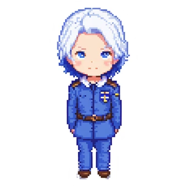Satoru Gojo chibi white hair no blindfold blue uniform pixel art style sticker
