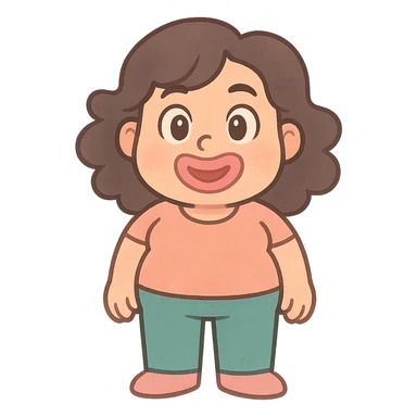 pastel toon style character with dark brown wavy hair, big brown eyes, small nose, big pink mouth, medium weight, medium height sticker