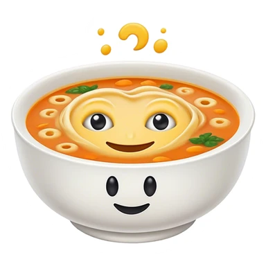 a bowl of soup with eyes and a smiley face floating on top of the soup sticker
