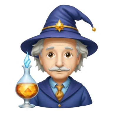 Albert Einstein, wearing wizard hat custome, with glass vase sticker