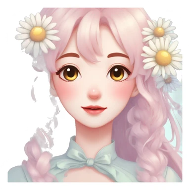 Gorgeous pastel anime style lady with blushing face and daisies cottagecore fairycore pastelcore colorful pearly romantic simplistic aesthetic trending style sticker