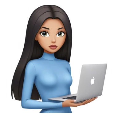 Glamours, tanned, very beautiful girl, with big pump peach-beige-rose lips, black straight smooth silky long hair, straight parting, blue-grey eyes, in bodysuit holding MacBook sticker