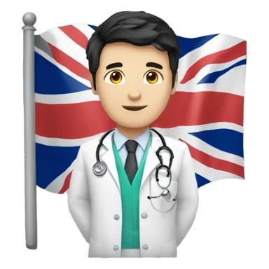 white male doctor with black hair holding the united kingdom flag sticker