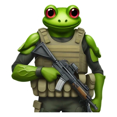 a soldier with a frog head with a weapon in his hand in a bulletproof vest sticker