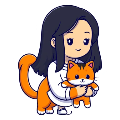 girl with long black hair holding an orange cat sticker