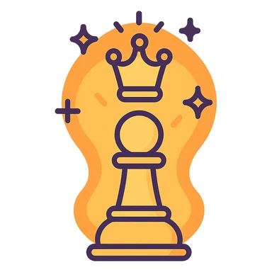 chess pawn with a glowing aura, morphing into a regal queen chess piece, elegant and bold, icon style sticker