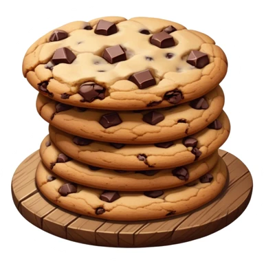 Cinematic crunchy chocolate chip cookies, freshly baked, golden-brown with gooey melted chocolate chunks, stacked on a rustic wooden plate, soft warm lighting, cozy and delicious. sticker