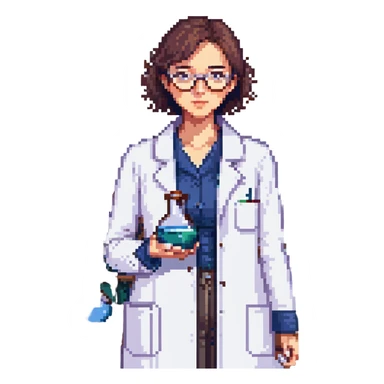 Flat pixel art, a female chemist, wearing glasses, white lab coat over indigo shirt, focusing on lab experiment, holding a flask in her right hand, waist-up, front-facing sticker