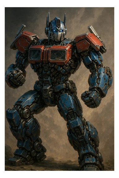 Optimus Prime, detailed robot, heroic pose, metallic blue and red, intricate mechanical details, dynamic lighting, no text sticker