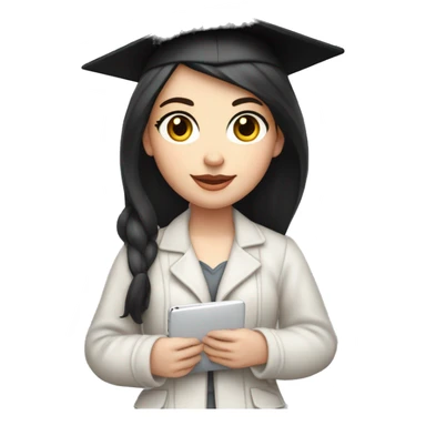 pale skin girl graduate student with middle length black hair,wearing graduate black cap, gray eyes, White classical jacket, blouse, Gray skirt holding a Macbook in the hands sticker
