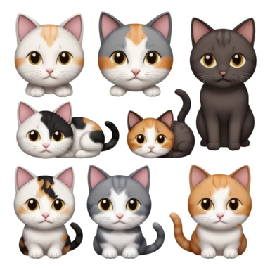 5 different coloured short haired cats including; a dark brown and white cat, and a dark grey and white, and a calico sticker