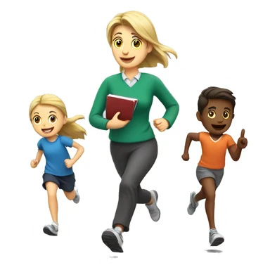 Teacher, running, with kids and compu sticker