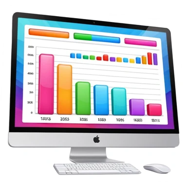 iMac computer with bar charts and beauty products inside the screen sticker