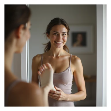 realistic 4K woman in front of mirror putting on insole and smiling, reflection shows discomfort expression suggesting relief won't last sticker