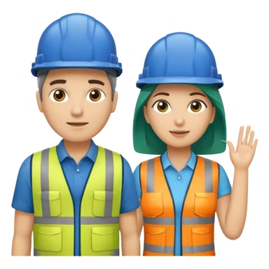 Um homem e uma mulher amarelos com capacete de obras ambos azul escuro e camisa social cinza com faixas refletivas verdes nos braços. Um deles deve estar segurando um megafone sticker