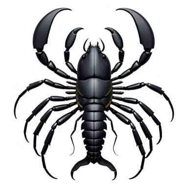 Cinematic Noble Emperor Scorpion Portrait Emoji, Poised and formidable, with a robust, armored build and a glossy, jet-black exoskeleton accented by striking, segmented pincers, deep-set piercing eyes, Simplified yet sharp and sophisticated features, highly detailed, glowing with a cool, dignified glow, high shine, intelligent and imposing, stylized with an air of ancient desert majesty, focused and attentive, soft glowing outline, capturing the essence of a watchful and commanding scorpion that feels as though it could silently creep out of the screen with effortless authority! sticker