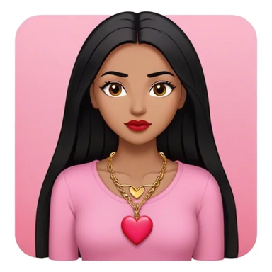 Woman,Medium brown skin,super long black straight hair, medium brown arched eyebrows, full lashes, red nude lips, small gold heart necklace , pink shirt sticker