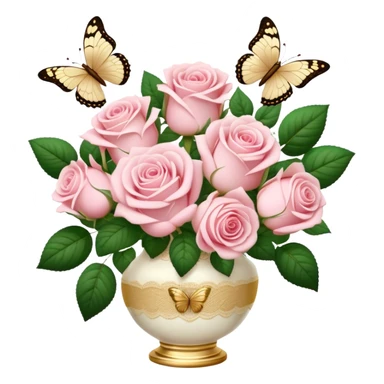 Realistic aesthetic bouquet of soft pink roses in a porcelain vase with an ivory lace ribbon and a golden butterfly sticker