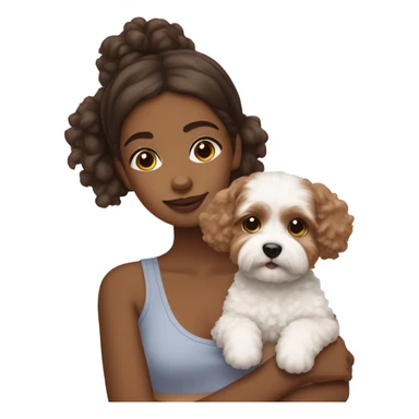 Brown girl holding Maltipoo with white patch sticker