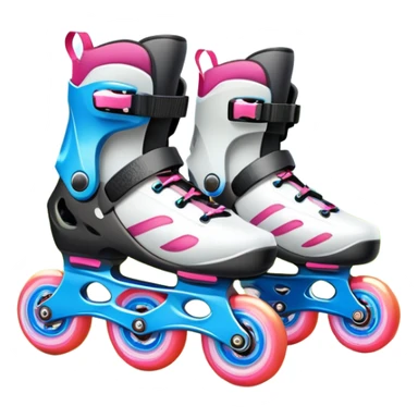 An icon featuring a pair of colorful rollerblades placed on a smooth path. The background showcases a picturesque park with lush greenery, blooming flowers, and a clear blue sky with soft clouds. The bright sunlight adds a cheerful touch to the scene. Transparent background sticker