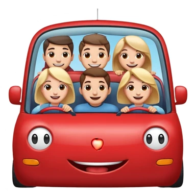 a small car with five people (mixed male and female) sitting inside, all leaning out of the car's side windows, five clear smiling faces, overall in Apple standard emoji style, characters with happy and cute expressions sticker