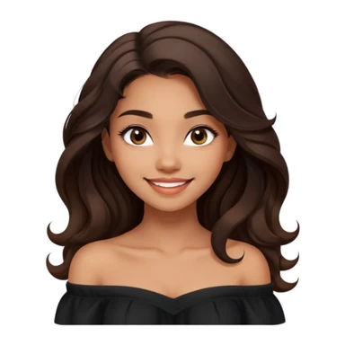modern clean emoji of a young woman with medium skin tone, long wavy dark brown hair, wearing a black off-shoulder top, smiling softly, expressive eyes, hint of warmth, contemporary and inviting style, soft gradient background sticker