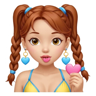 A cute ukrainian girl, looks slightly malaisain with full lips and long auburn hair in two plaited ponytails, has heart earrings in yellow and blue, and is wearing her pink bikini, she is blowing a kiss. sticker