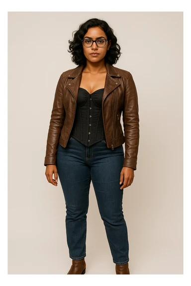 A woman with light brown skin, wavy black hair, and square-shaped glasses. She wears a black corset dress with a brown leather jacket, blue jeans, and brown ankle boots, in a neutral pose. sticker